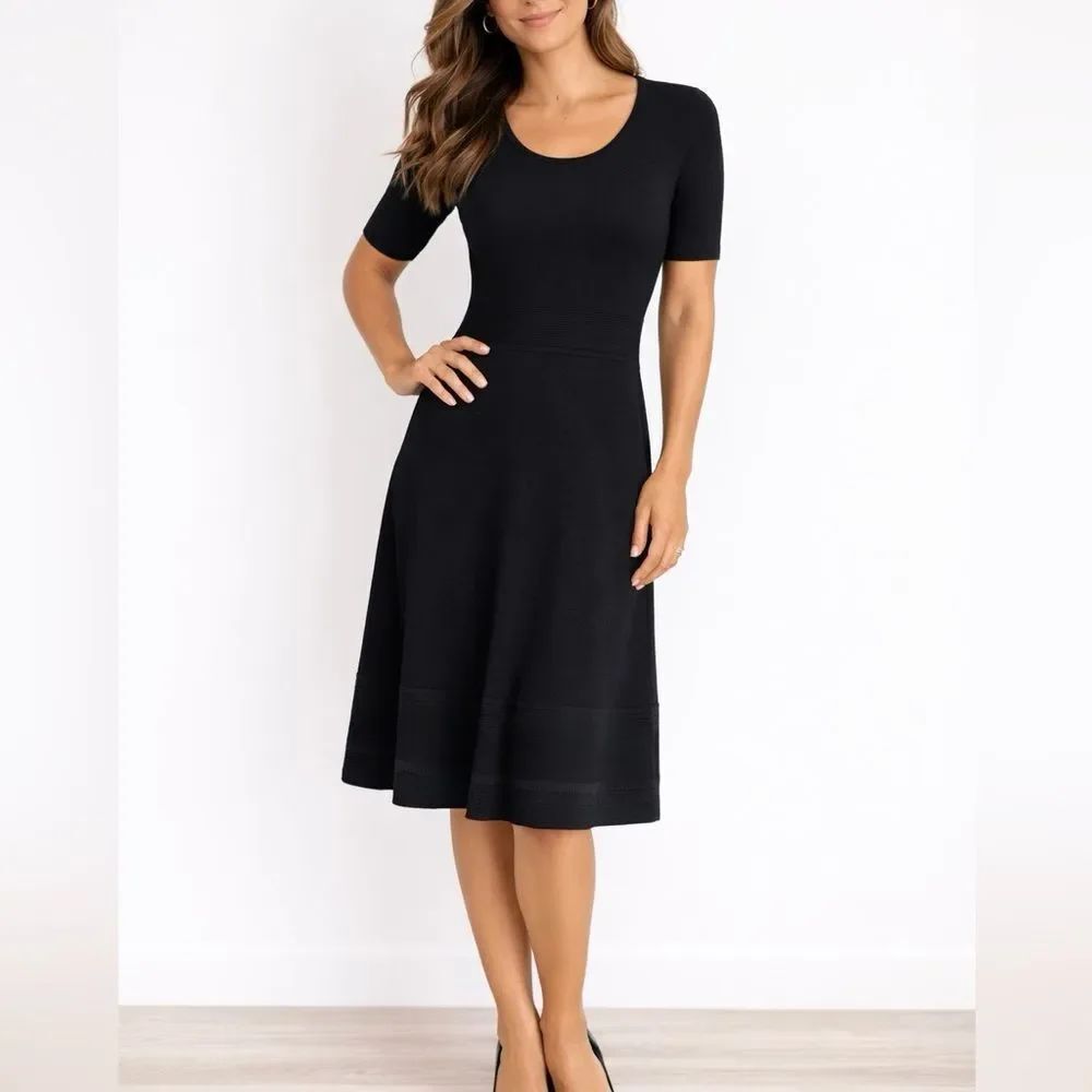 Carlisle Black Knit Fit & Flare Dress Textured Stripe Hem Short Sleeve L